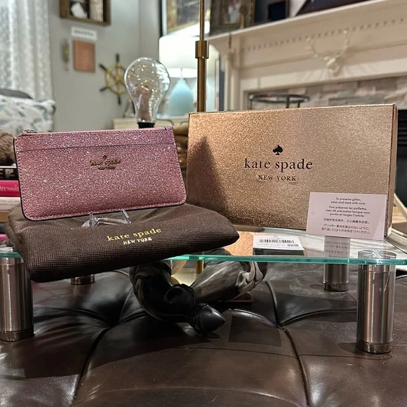 Authentic ♠️ Kate Spade NY Large Slim Cardholder in Glitter Mixed Mitten Pink